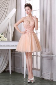 A-line V-neck Tulle Short / Mini Prom / Evening Dress