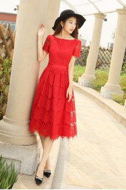 A-line Scoop Lace Knee-length Prom / Evening Dress