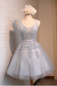A-line V-neck Tulle,Lace,Satin Knee-length Prom / Evening Dress