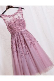 A-line Scoop Tulle,Satin,Lace Knee-length Prom / Evening Dress