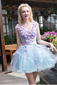 Ball Gown V-neck Tulle Short / Mini Prom / Evening Dress