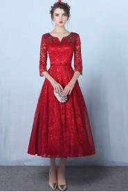 A-line V-neck Tea-length Prom / Evening Dress