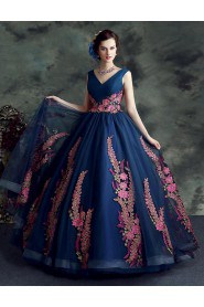 Ball Gown V-neck Tulle Evening / Prom Dress with Flower(s)