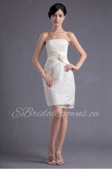 Satin and Lace Strapless Short Dress with Hand-made Flower