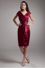 Satin V-Neck Knee Length Sheath Cap Sleeves Dress