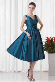 Taffeta V Neckline Tea-Length Dress with Hand-made Flower