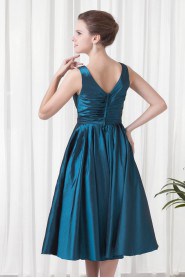 Taffeta V Neckline Tea-Length Dress with Hand-made Flower