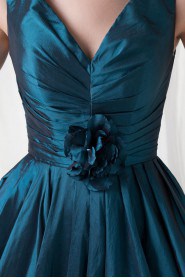 Taffeta V Neckline Tea-Length Dress with Hand-made Flower