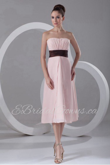 Chiffon Strapless Tea Length Column Dress