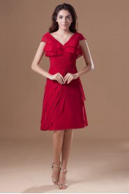 Chiffon V-Neck Knee Length Dress with Cap Sleeve