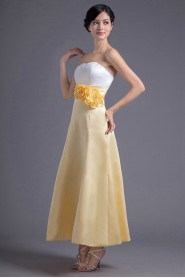 Satin Strapless A Line Ankle-Length Dress with Hand-made Flowers