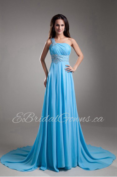 Chiffon One Shoulder Column Dress with Embroidery
