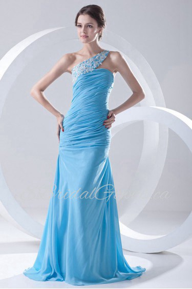 Chiffon One Shoulder Sheath Dress with Directionally Ruched Bodice