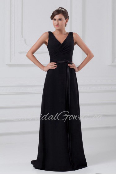 Chiffon V-Neck Column Dress with Sash