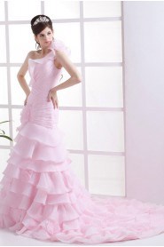 Organza One-Shoulder A-Line Dress with Ruffle Flowers