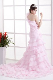 Organza One-Shoulder A-Line Dress with Ruffle Flowers