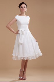 Chiffon Boat Neckline Short A-line Dress with Sash and Ruffle