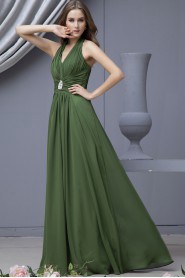 Chiffon Halter Neckline Floor Length Column Dress with Embroidery