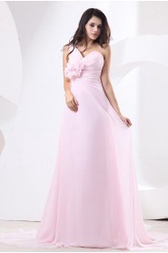 Chiffon One-Shoulder A-line Dress with Drape and Handmade Flower