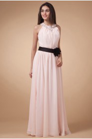 Chiffon Jewel Neckline Floor Length Column Dress with Hand-made Flower