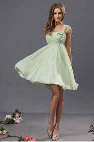 Chiffon and Satin Scoop Neckline Short A-Line Dress with Embroidery