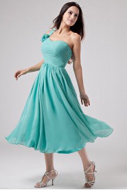 Chiffon One-Shoulder Tea-Length Empire Dress with Ruffle