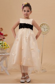 Organza and Satin Jewel Neckline Tea-length A-line Dress with Embroidery 