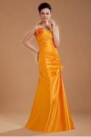 Taffeta One-Shoulder Floor Length Sheath Dress with Hand-made Flower