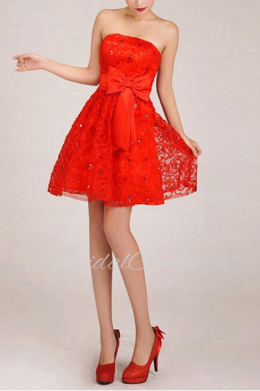 Satin and Tulle Strapless Short A-Line Dress with Crystals