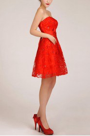 Satin and Tulle Strapless Short A-Line Dress with Crystals