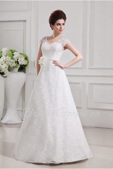 Lace V-neck Floor Length A-line Gown with Handmade Flowers
