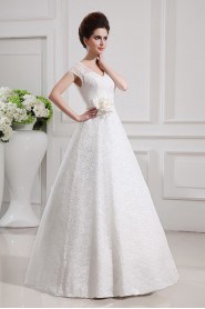 Lace V-neck Floor Length A-line Gown with Handmade Flowers