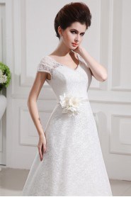 Lace V-neck Floor Length A-line Gown with Handmade Flowers