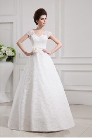 Lace V-neck Floor Length A-line Gown with Handmade Flowers