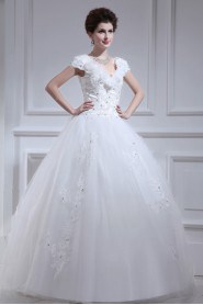 Organza V-neck Floor Length Ball Gown with Pearls