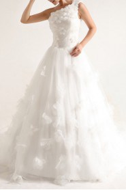 Net and Satin One Shoulder Cathedral Train Ball Gown with Handmade Flowers