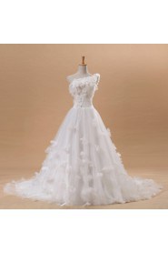 Net and Satin One Shoulder Cathedral Train Ball Gown with Handmade Flowers