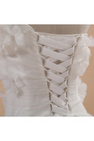 Net and Satin One Shoulder Cathedral Train Ball Gown with Handmade Flowers