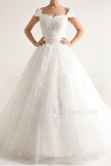 Net and Satin Off-the-Shoulder Cathedral Train Ball Gown with Beading
