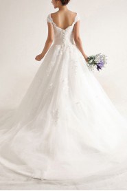 Net and Satin Off-the-Shoulder Cathedral Train Ball Gown with Beading