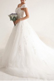 Net and Satin Off-the-Shoulder Cathedral Train Ball Gown with Beading