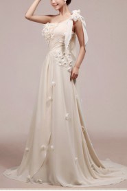 Chiffon One Shoulder Empire Gown with Handmade Flowers