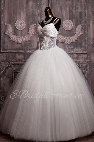 Net Spaghetti Neckline Floor Length Ball Gown with Pearls