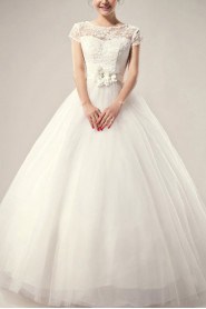 Satin Jewel Neckline Floor Length Ball Gown with Pearls