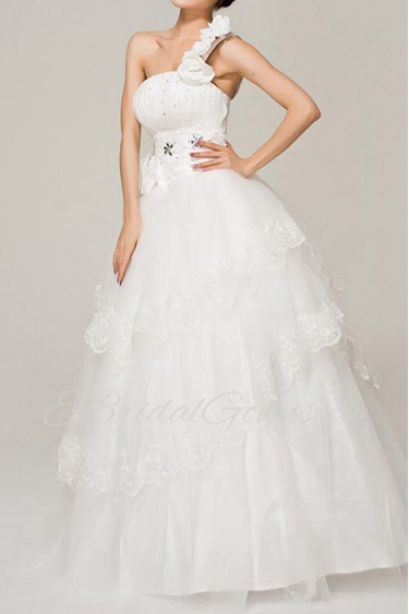 Satin One Shoulder Floor Length Ball Gown with Crystal
