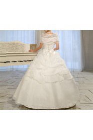 Satin Off-the-Shoulder Floor Length Ball Gown with Handmade Flowers