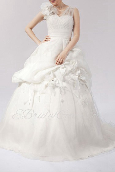Organza Straps Neckline Ball Gown Dress with Handmade Flowers
