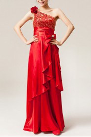 Satin One Shoulder Floor Length A-line Dress with Sequins