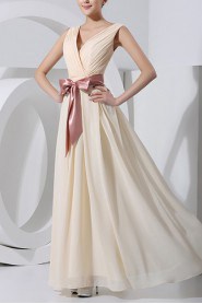 Chiffon V-neck Floor Length Corset Dress with Sash