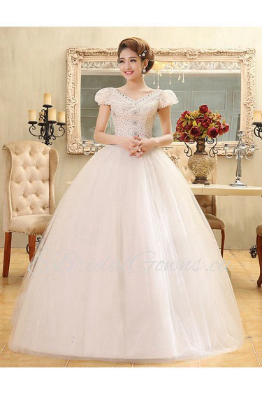 Lace and Tulle V-Neck Ball Gown Dress with Bead